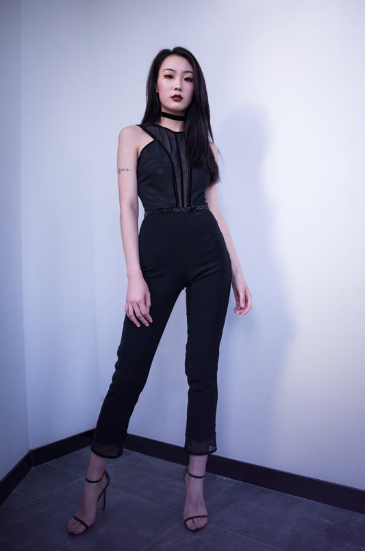 Mesh & Velvet Fitted Jumpsuit