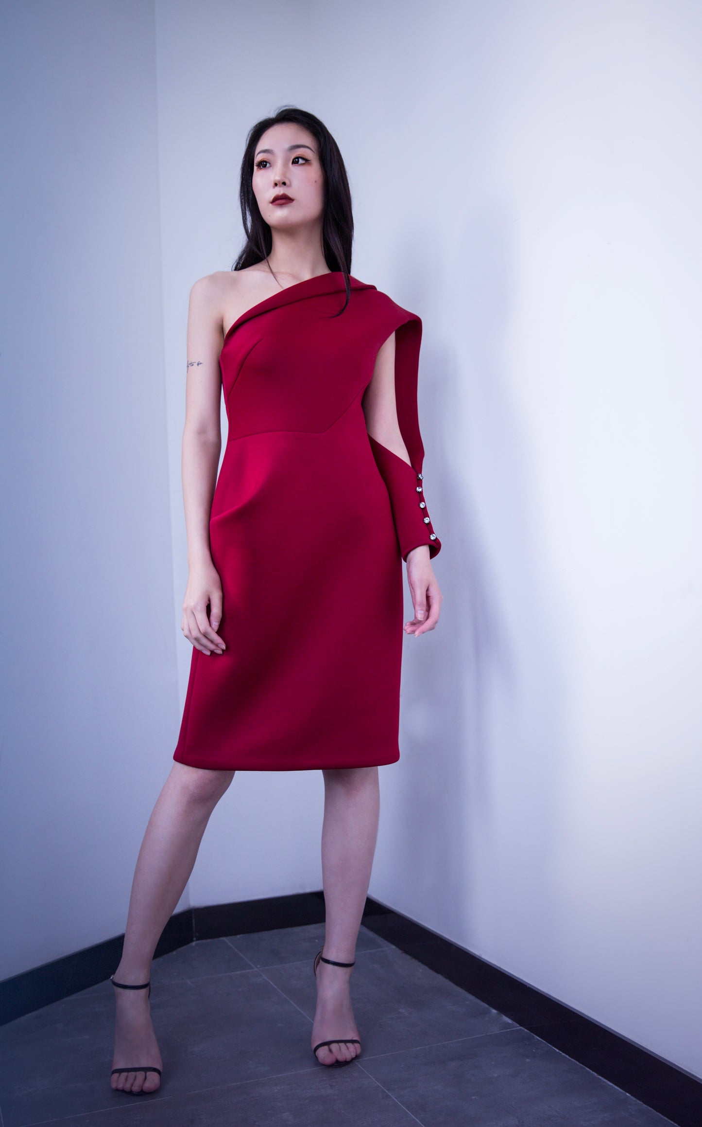 Burgundy Red Asymmetrical Neoprene Dress